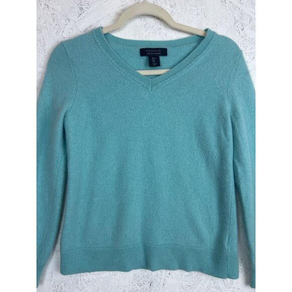 Tahari Two Ply Cashmere Aqua Blue Fitted V-Neck Sweater Ribbed Hem & Cuffs - Picture 2 of 9